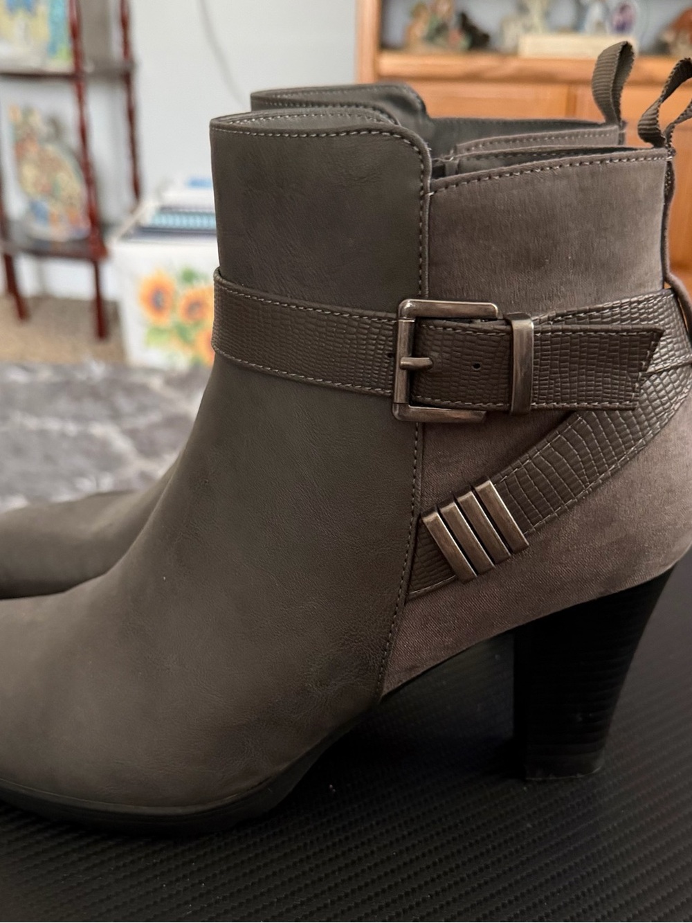 Women's Gray Heeled Ankle Boots with Buckle Detail